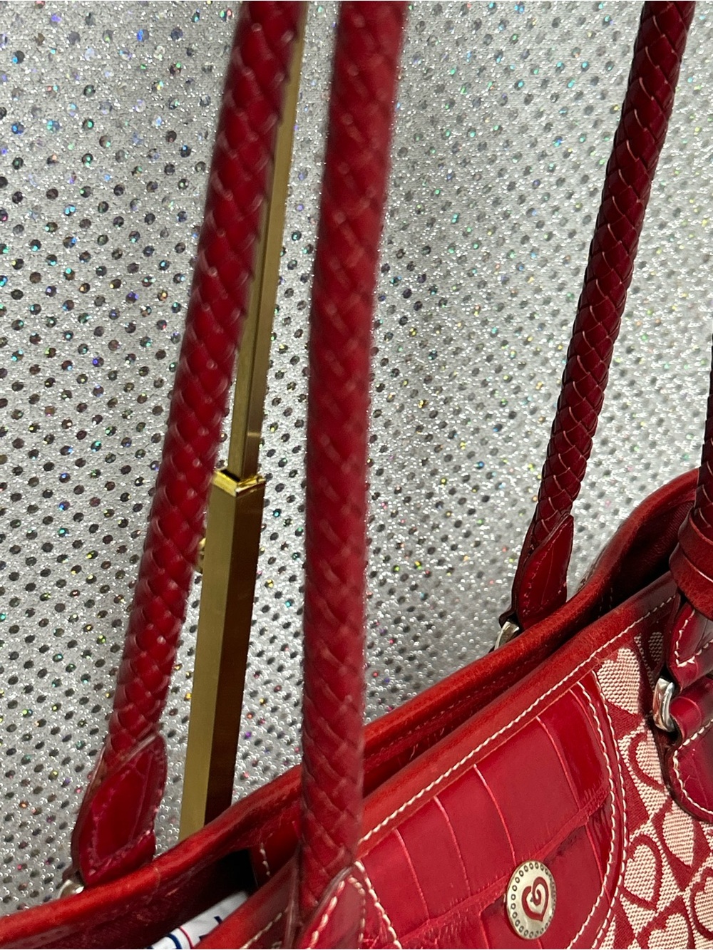 Brighton Red Heart Pattern Canvas and Leather Tote Bag Approx 15 x 9 x 4 - Picture 8 of 17